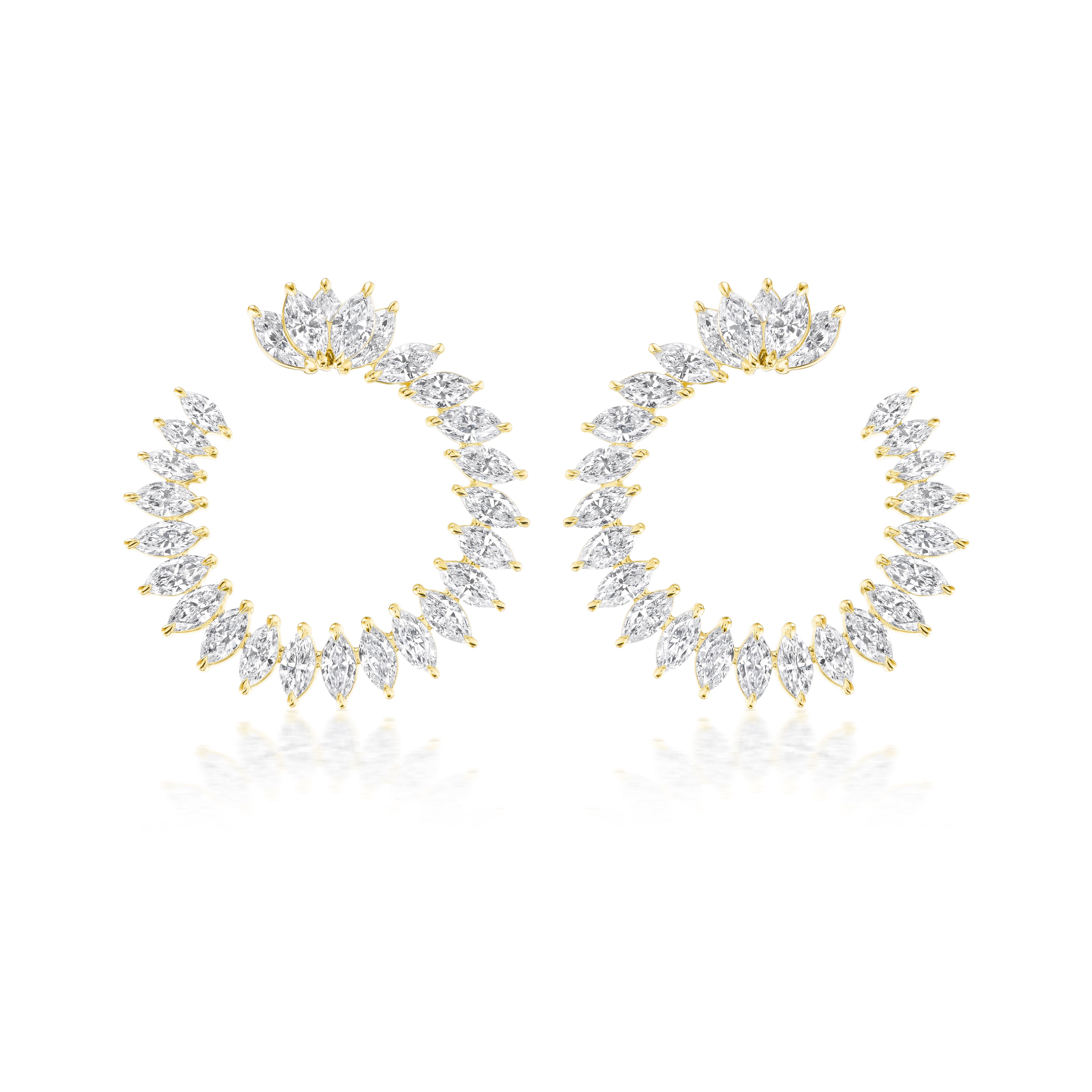 The Cluster Marquise Climbing Ivy Front to Back Hoops are 18k gold circular earrings featuring marquise-cut clear gemstones in a radiant, fan-like cluster—ideal for adding elegant style.
