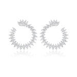 The Cluster Marquise Climbing Ivy Front to Back Hoops feature sparkling clear marquise gemstones in a spiked, fan-like design, creating an elegant look against a white background.