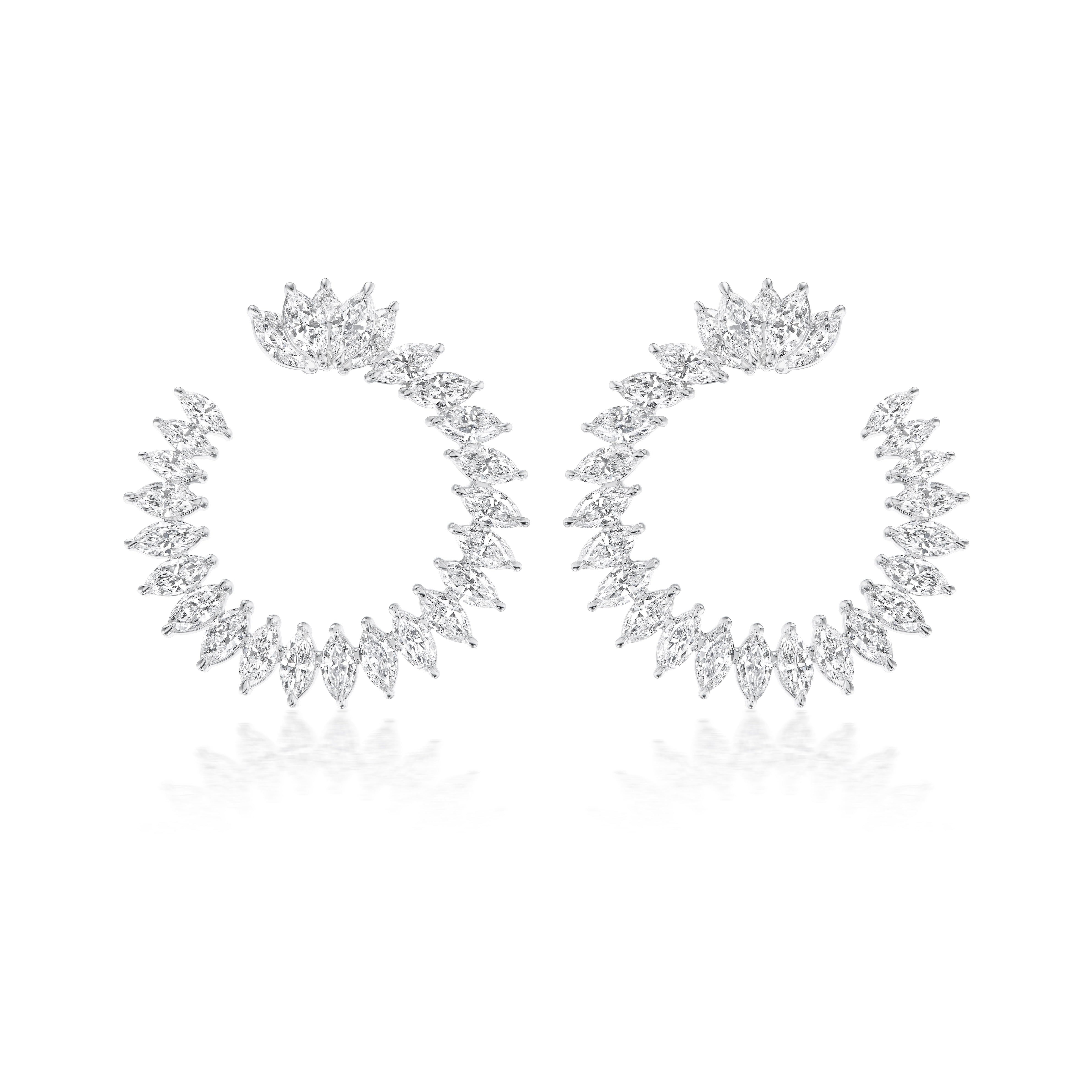 The Cluster Marquise Climbing Ivy Front to Back Hoops feature sparkling clear marquise gemstones in a spiked, fan-like design, creating an elegant look against a white background.
