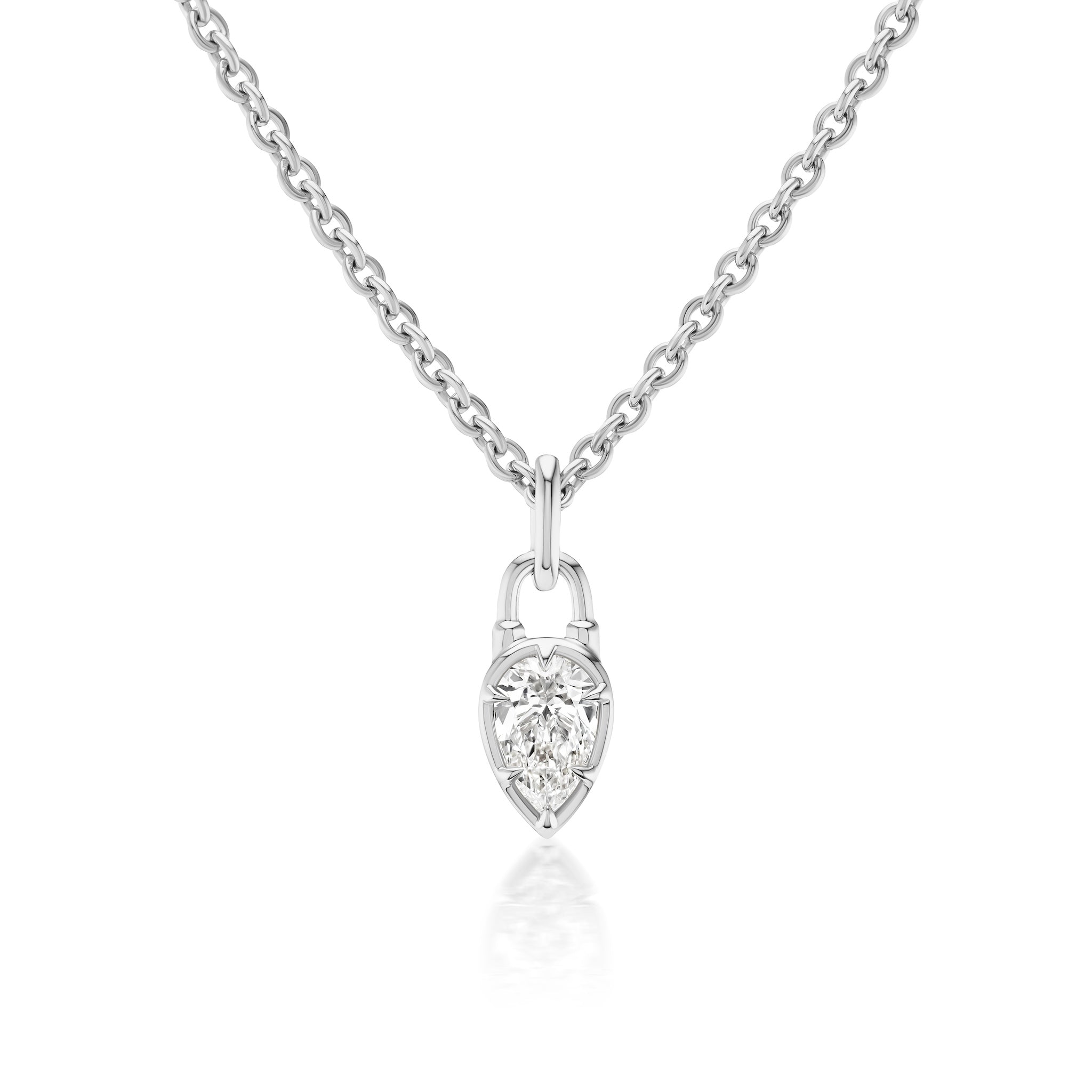 The Locket Motif Diamond Pendant Necklace features a delicate silver chain with a teardrop-shaped center and a single round diamond, evoking a subtle locket-inspired design.