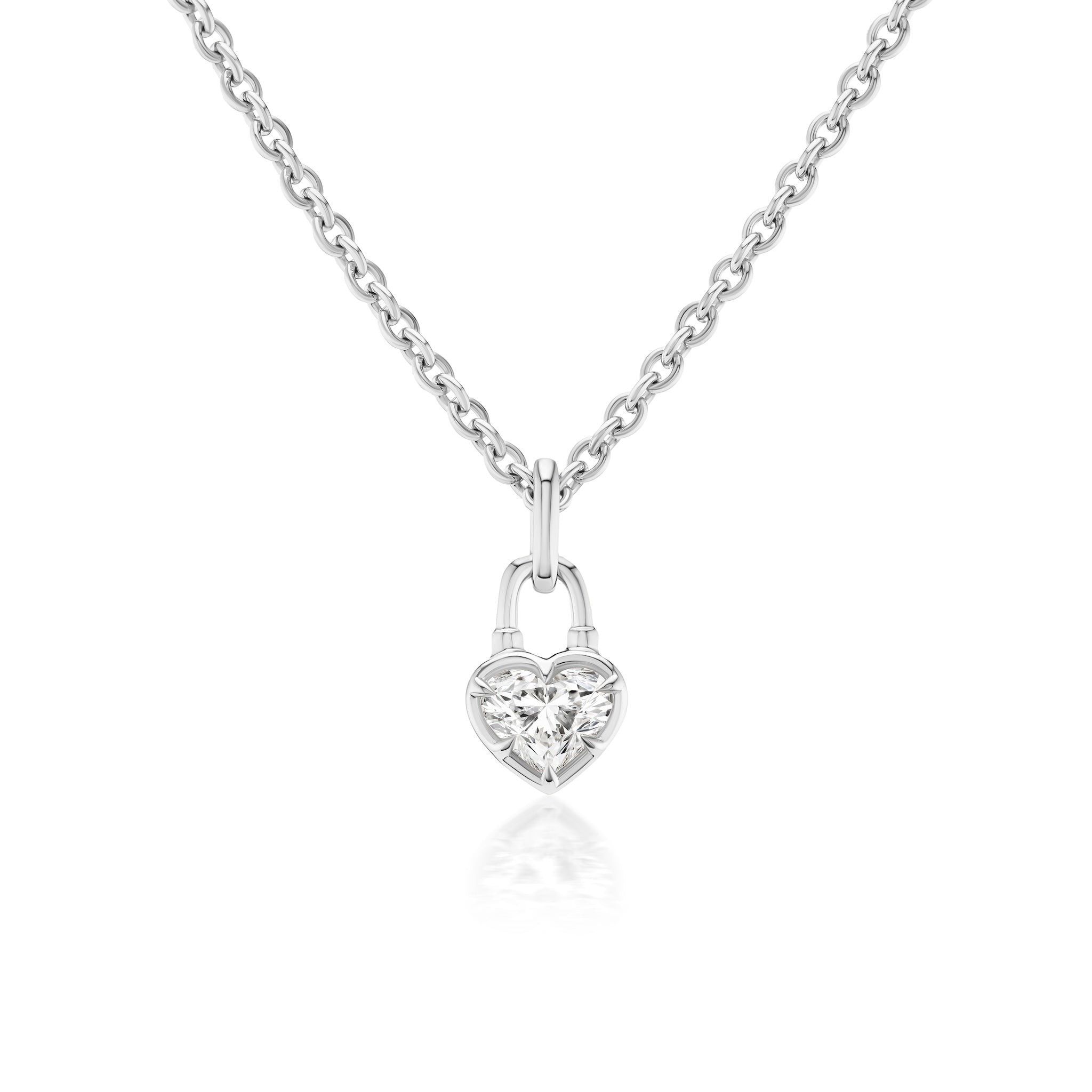 The Locket Motif Diamond Pendant Necklace features a heart-shaped padlock pendant with a central diamond on a silver chain, offering a simple, elegant, and modern design with a polished finish.