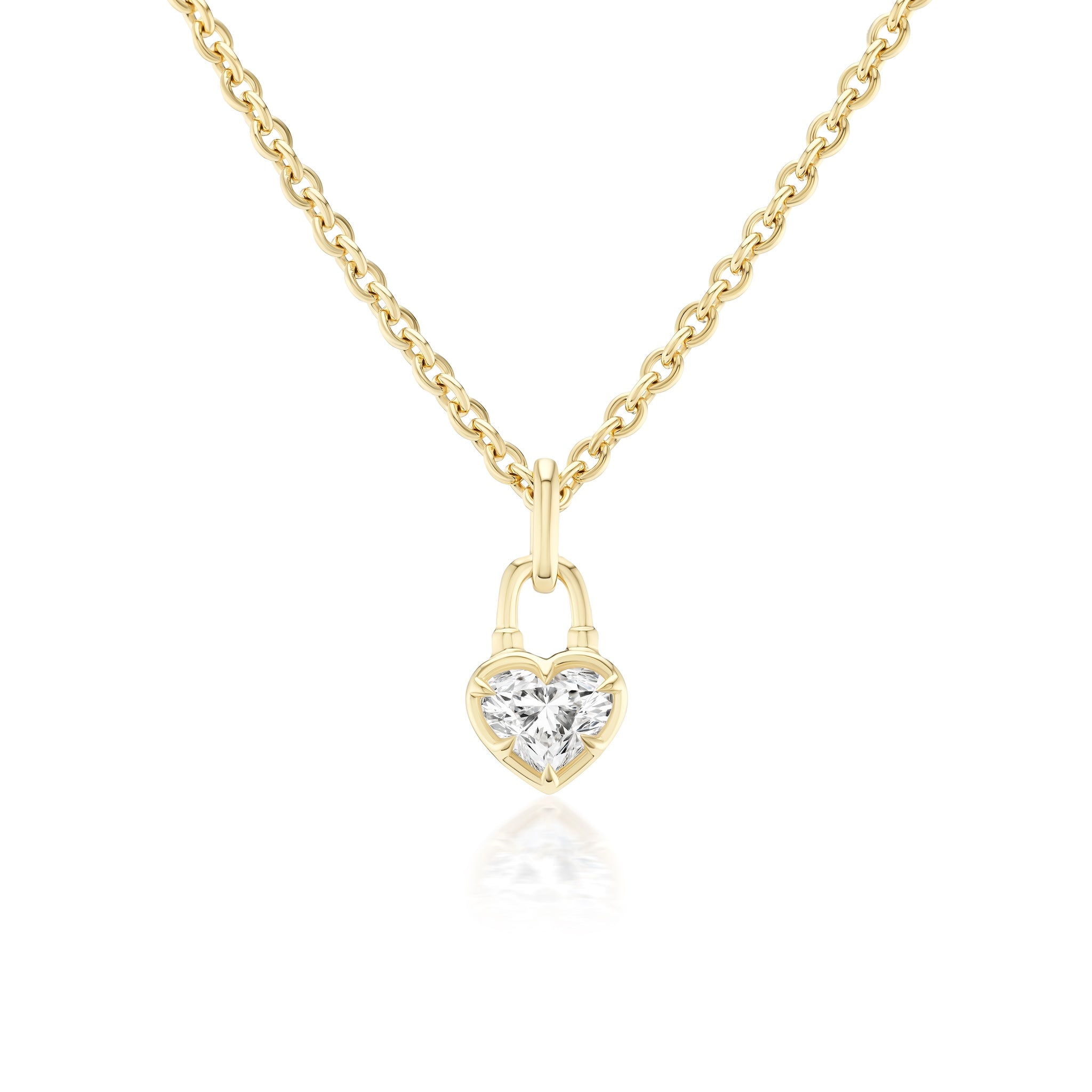 The Locket Motif Diamond Pendant Necklace features a gold chain with a heart-shaped locket design, highlighted by a sparkling diamond centerpiece set in a gold frame.