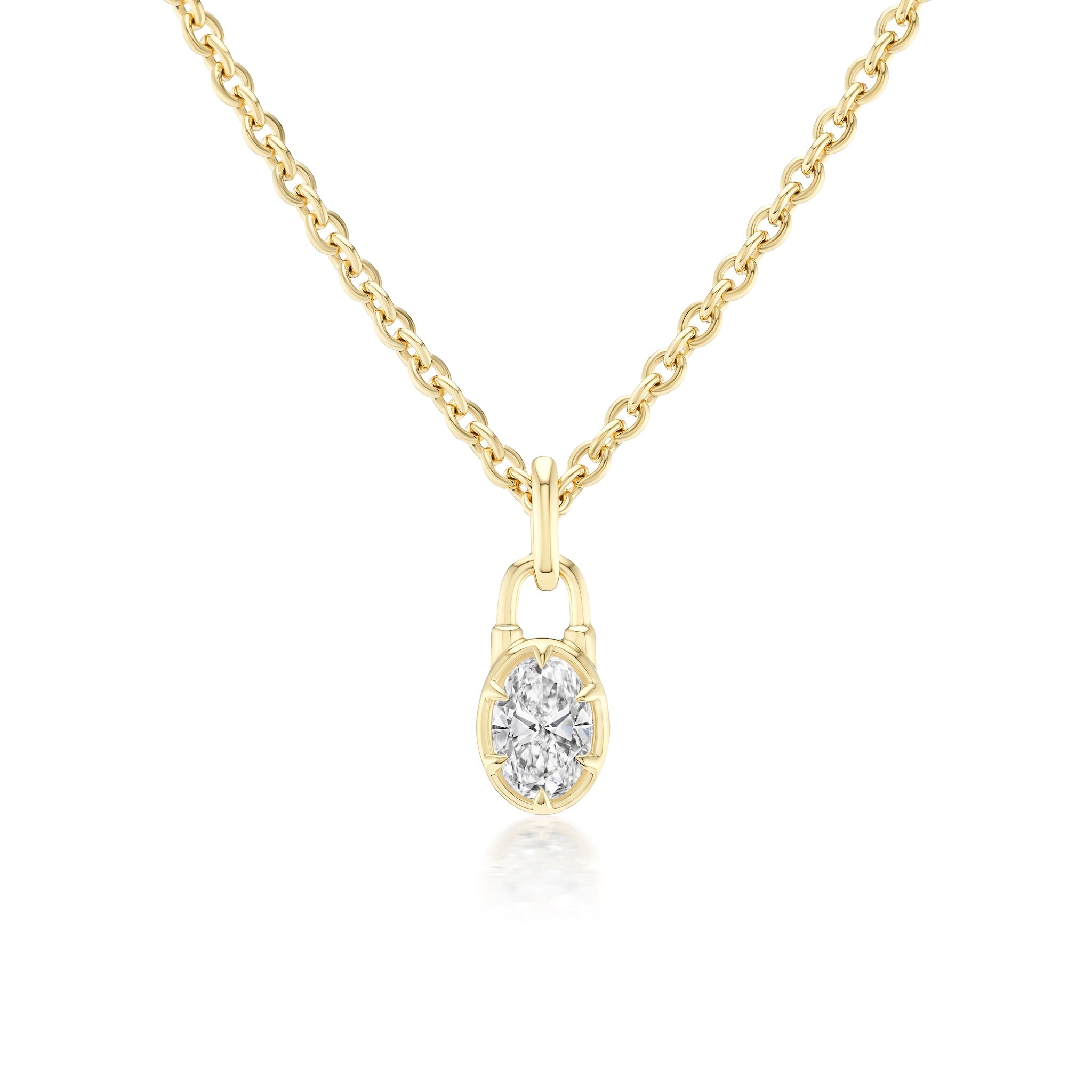 The Locket Motif Diamond Pendant Necklace features a small round diamond in a classic gold setting, adding timeless elegance and charm to any outfit.