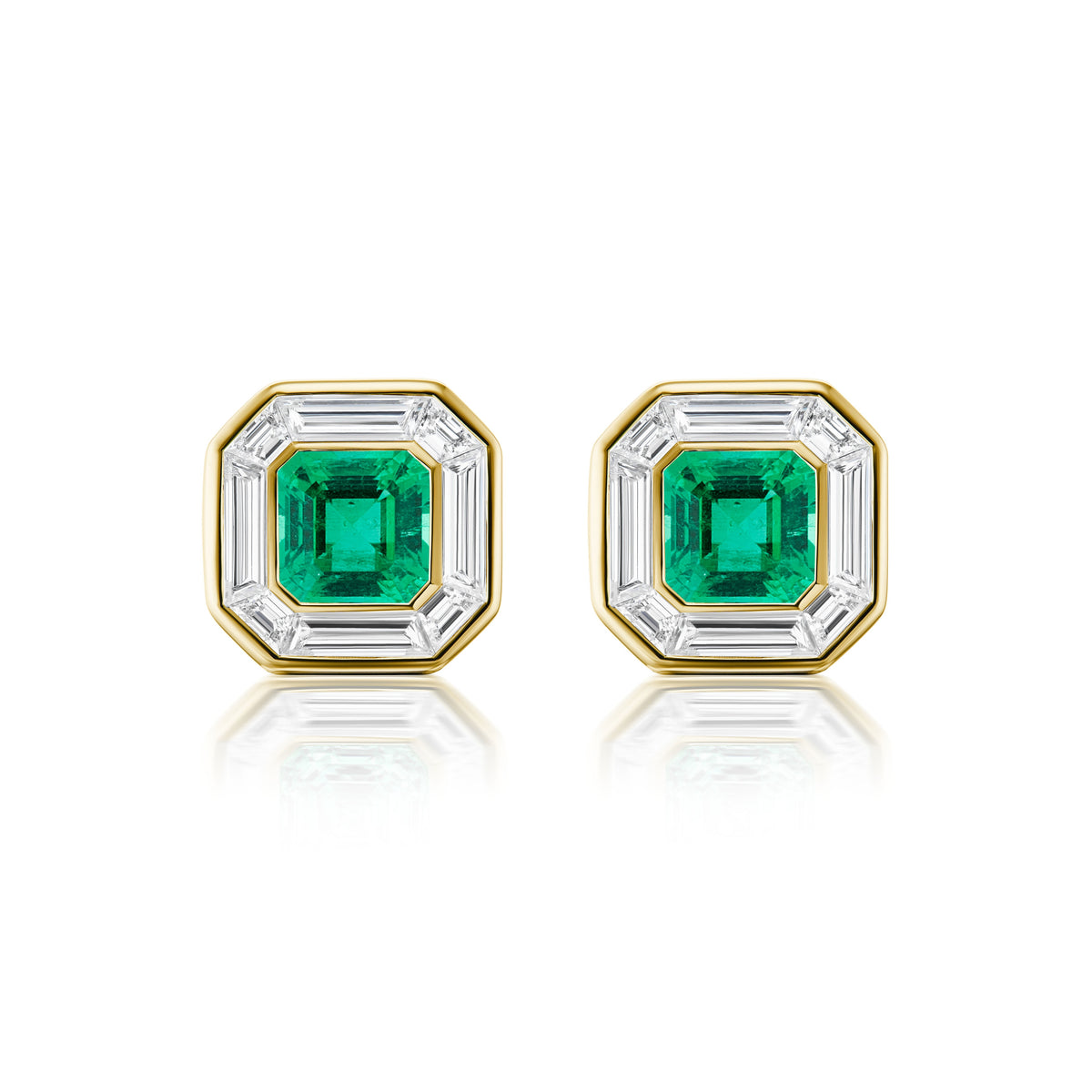 Mosaic Studs in Yellow Gold with Asscher Cut Emeralds and Baguette Diamonds