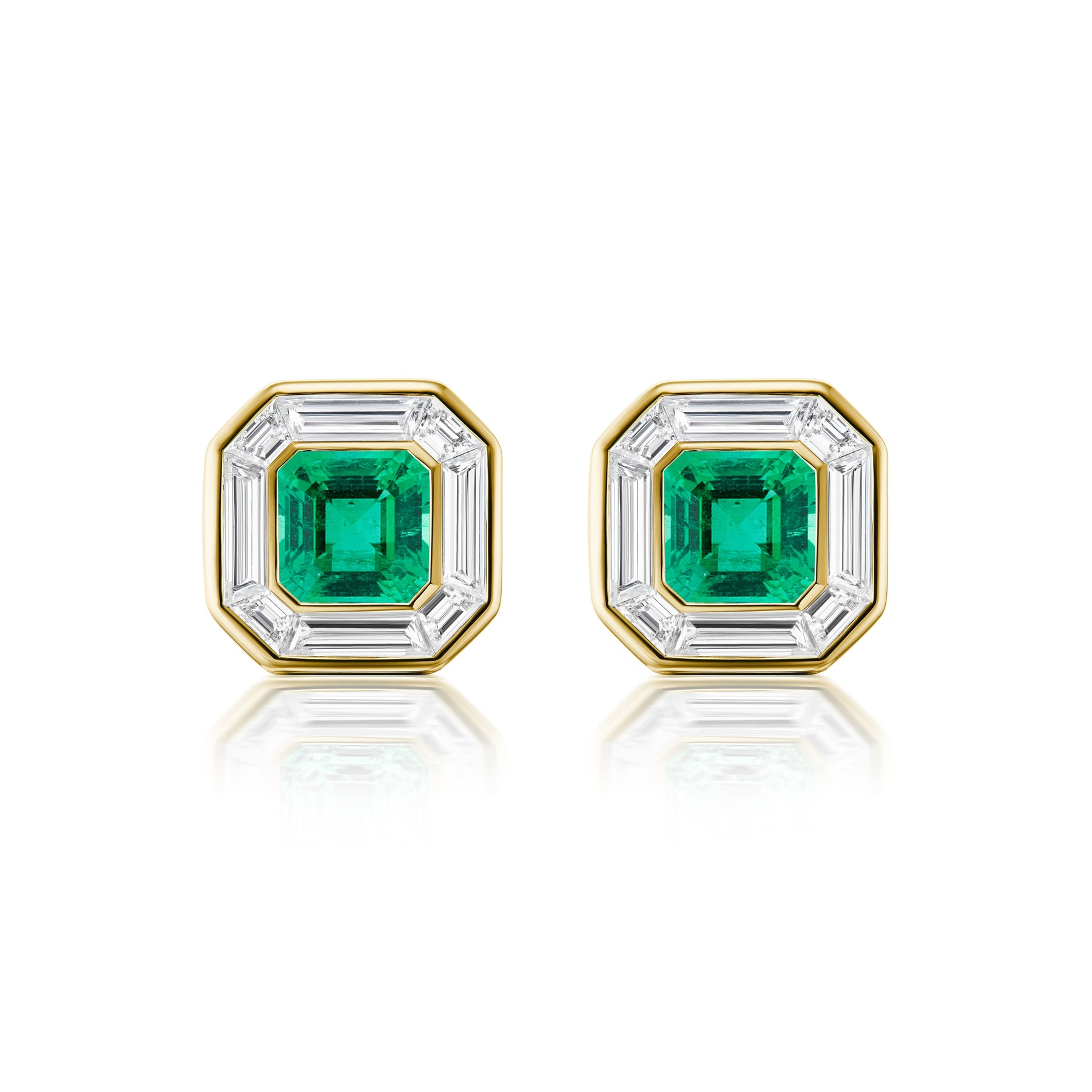 Mosaic Studs in Yellow Gold with Asscher Cut Emeralds and Baguette Diamonds