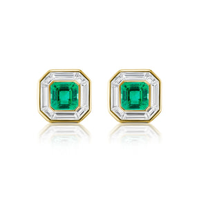 Mosaic Studs in Yellow Gold with Asscher Cut Emeralds and Baguette Diamonds