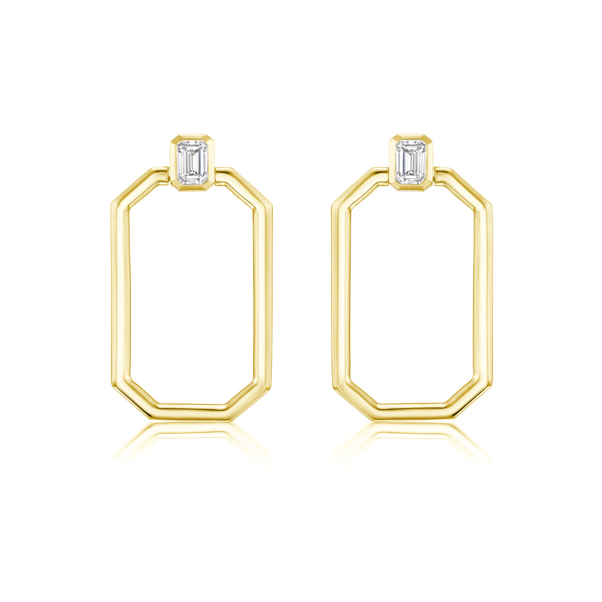 Bezel Set Emerald Cut Diamond Earrings with Emerald Motif Hoop in yellow gold, featuring open octagonal shapes each topped with a vertically set emerald-cut diamond, shown on a white background.