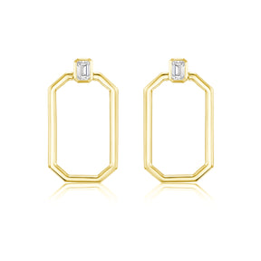 Bezel Set Emerald Cut Diamond Earrings with Emerald Motif Hoop in Yellow Gold