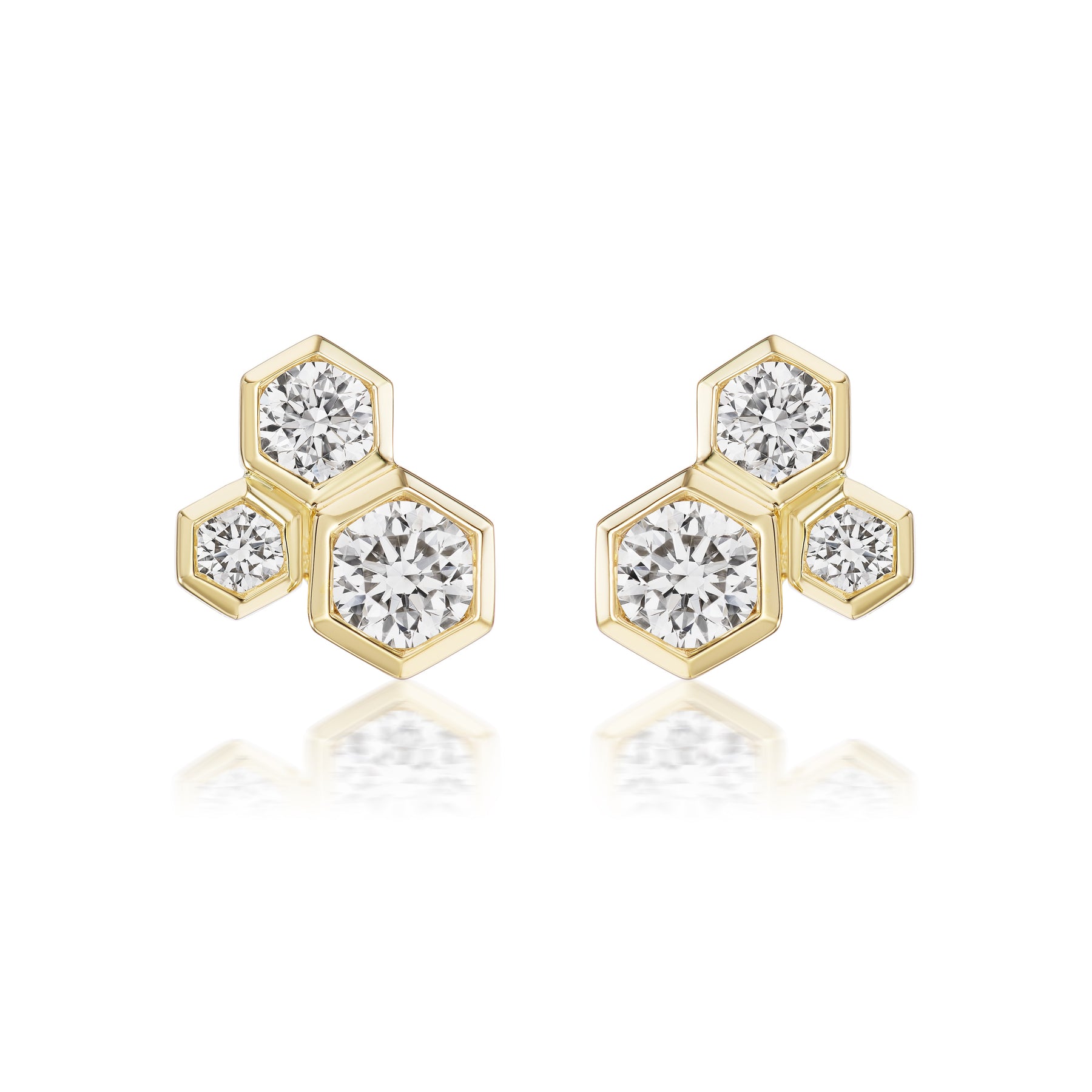 Hexagon Bezel Set Round Diamond Trio Studs