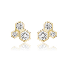 Hexagon Bezel Set Round Diamond Trio Studs