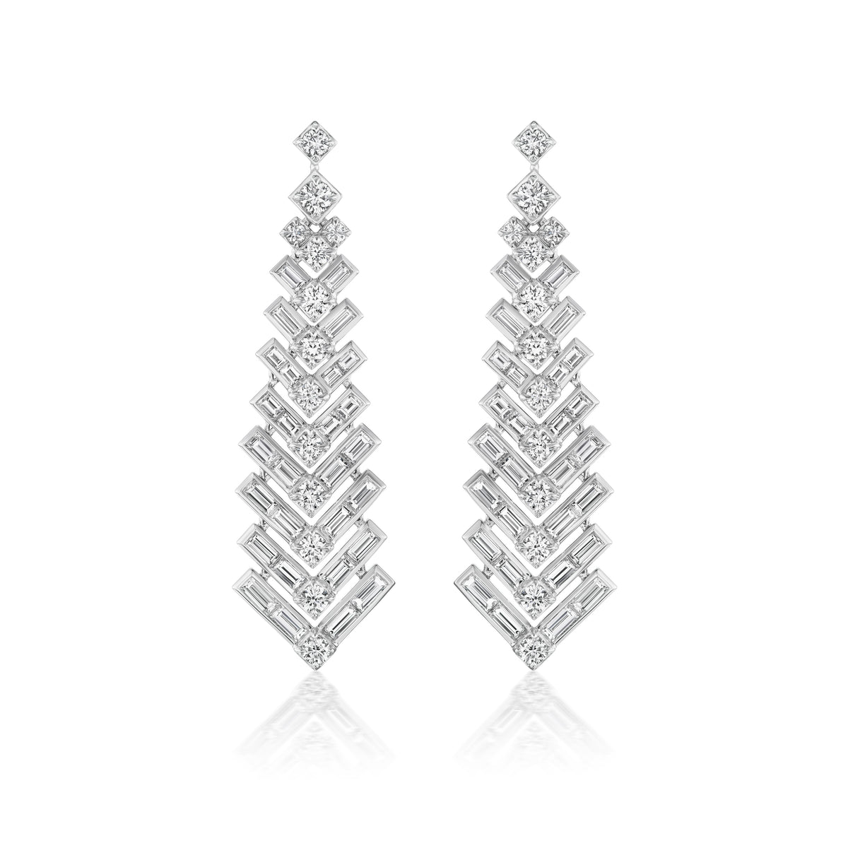 Art Deco Statement Earrings with Round and Baguette Diamonds in White Gold