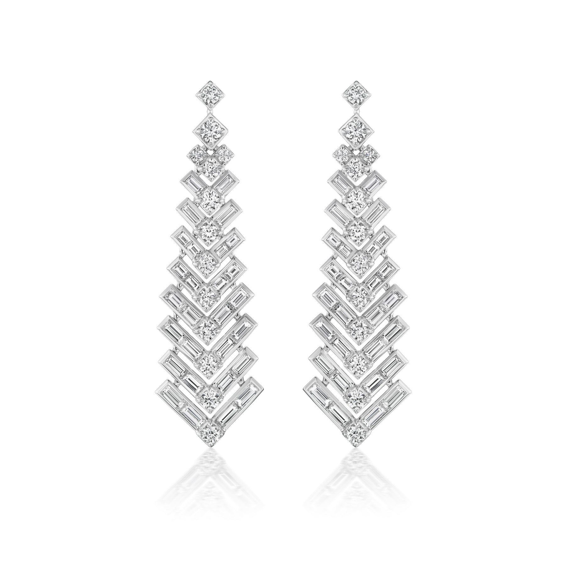 Art Deco Statement Earrings with Round and Baguette Diamonds in White Gold