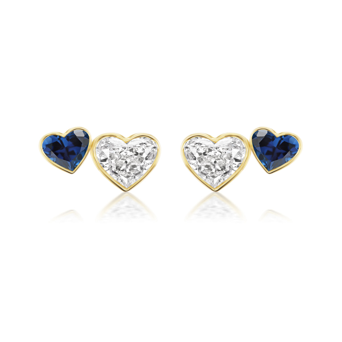 Bezel Set Duo Studs with Heart Shape Diamonds and Blue Sapphires in Yellow Gold