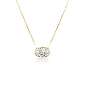 East-West Bezel Set Oval Shape Diamond Pendant Necklace in Yellow Gold