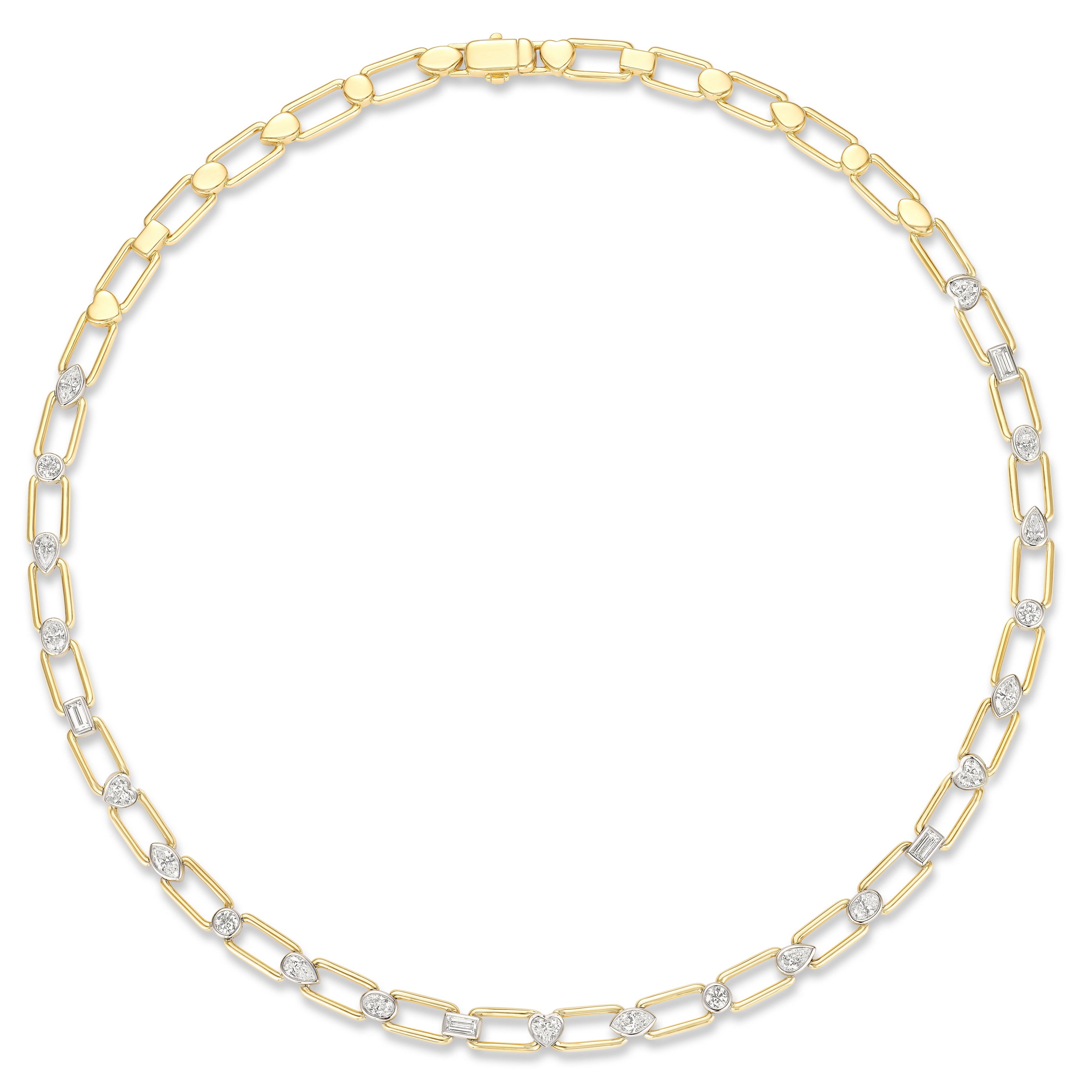 The Mixed Shape Bezel Set Diamond Chain Link Necklace in Yellow Gold features elongated oval links, each separated by a round, sparkling mixed shape diamond, beautifully displayed on a white background.