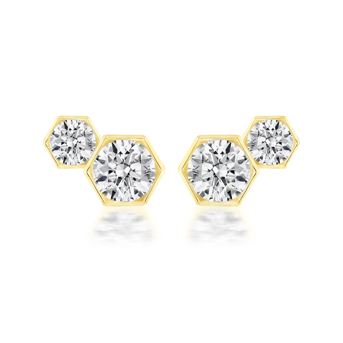 Hexagon Bezel Set Round Diamond Duo Studs