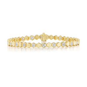 Hexagon Bezel Set Alternating Round Diamond and Metal Tennis Bracelet in Yellow Gold