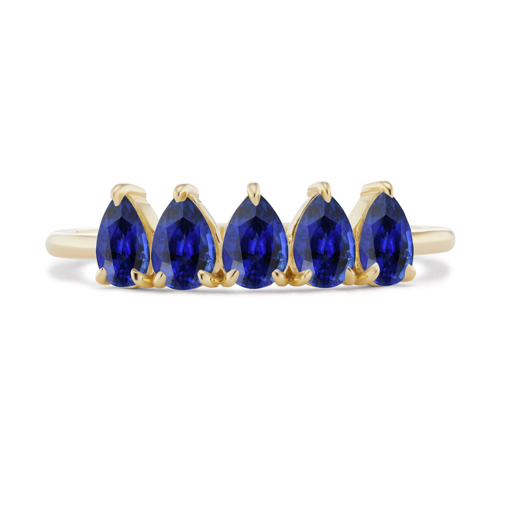 The North-South Set Pear Shape Blue Sapphire Ring in Yellow Gold showcases five pear-shaped deep blue sapphires in a row, each secured by delicate 18K yellow gold prongs for an elegant, symmetrical look.