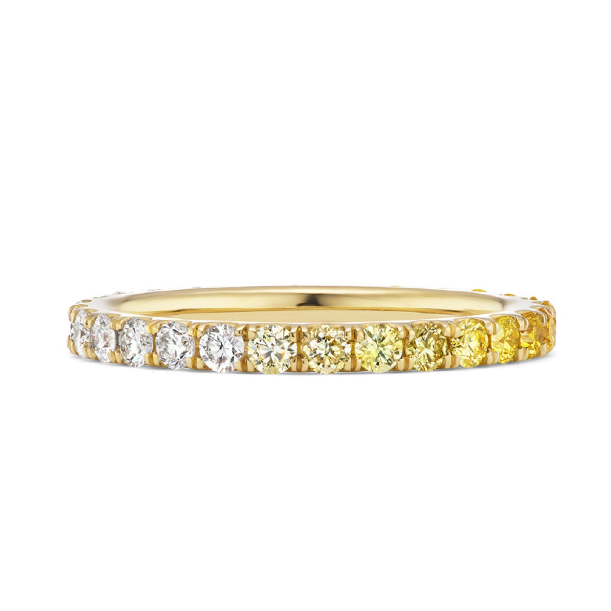 The Ombré Eternity Band features radiant-cut yellow sapphires and white diamonds set in a thin gold band, shown on a plain white background.