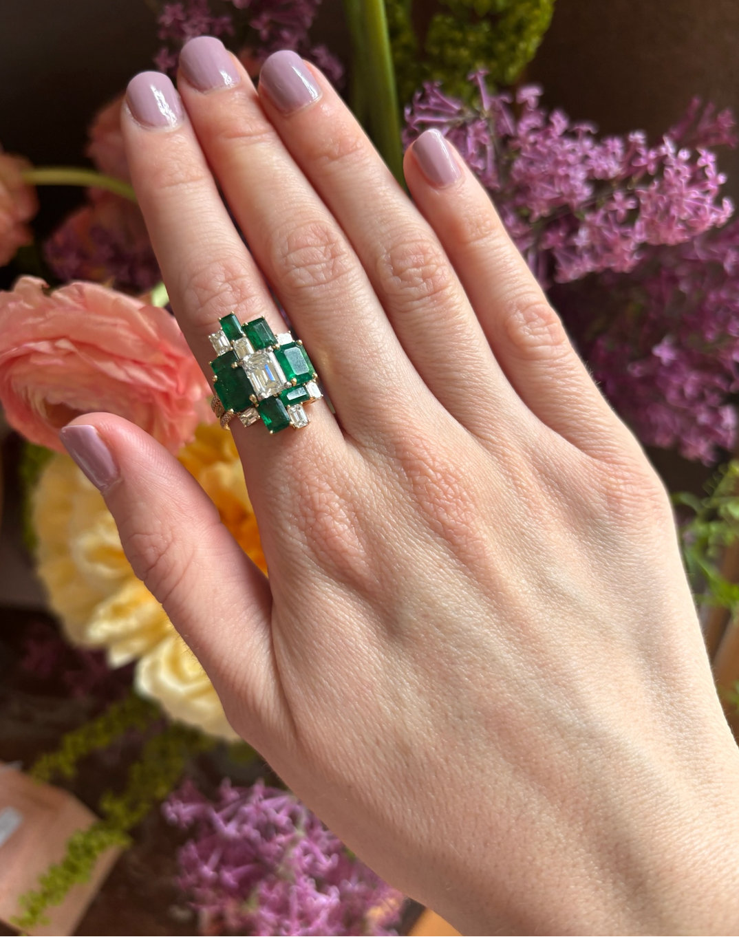Bespoke Geometric Emerald Cut Emerald and Diamond Ring Jacket in Yellow Gold with Pavé Band