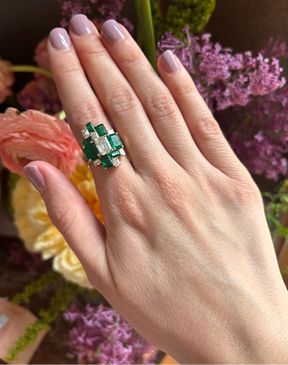 Bespoke Geometric Emerald Cut Emerald and Diamond Ring Jacket in Yellow Gold with Pavé Band