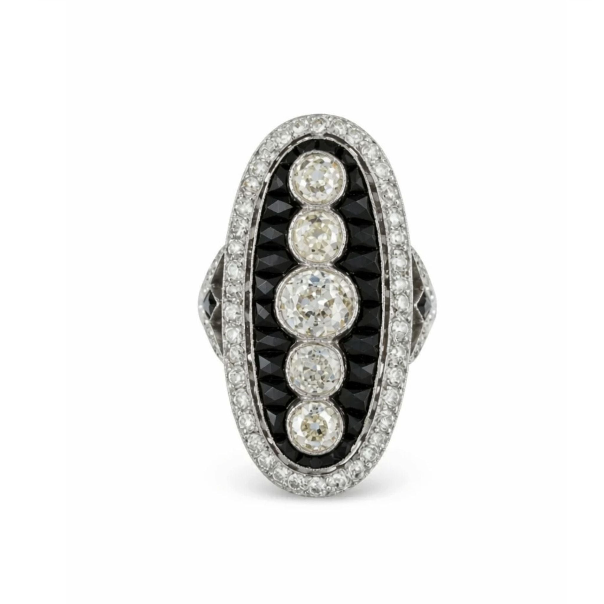 The Onyx and Diamond Ring features four vertically set old mine-cut diamonds, surrounded by calibré-cut onyx and accented with small white diamonds in a platinum 1930s Art Deco-inspired design.