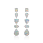 The Opal and Diamond Chandelier Earrings feature five mixed-shape opals bordered by pavé-set diamonds in white metal, arranged vertically for a striking, symmetrical look.