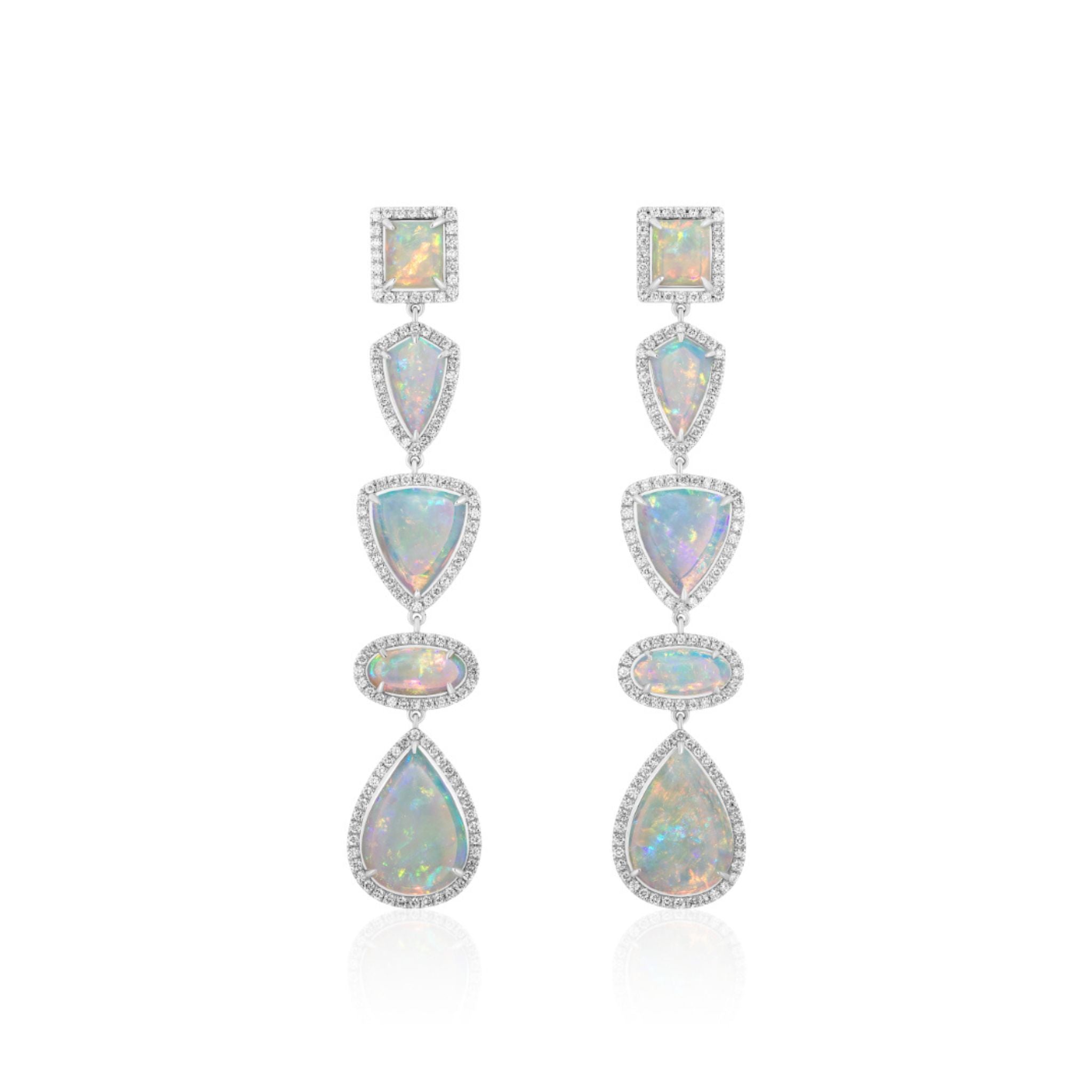 The Opal and Diamond Chandelier Earrings feature five mixed-shape opals bordered by pavé-set diamonds in white metal, arranged vertically for a striking, symmetrical look.