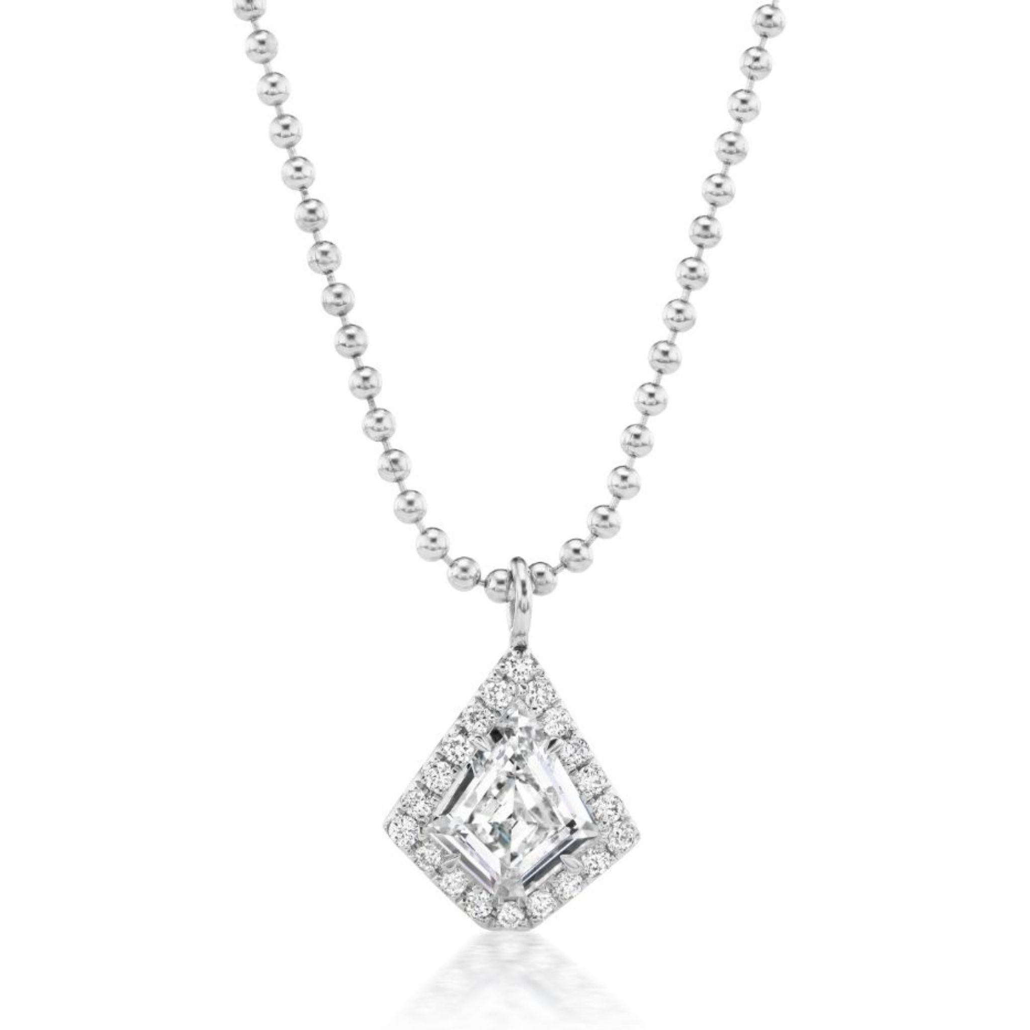 The Pavé Kite Diamond Solitaire Pendant in White Gold features a square-cut gemstone in an 18K white gold, kite-shaped setting with pavé diamonds on a beaded chain.