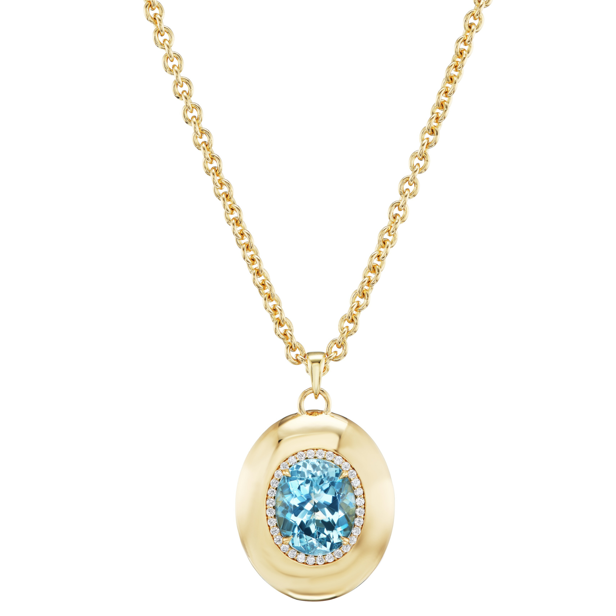 The Pavé Oval Cut Aquamarine Collet Pendant in Yellow Gold features an oval aquamarine surrounded by sparkling pavé stones and set on a polished 18K yellow gold chain for a modern, elegant look.