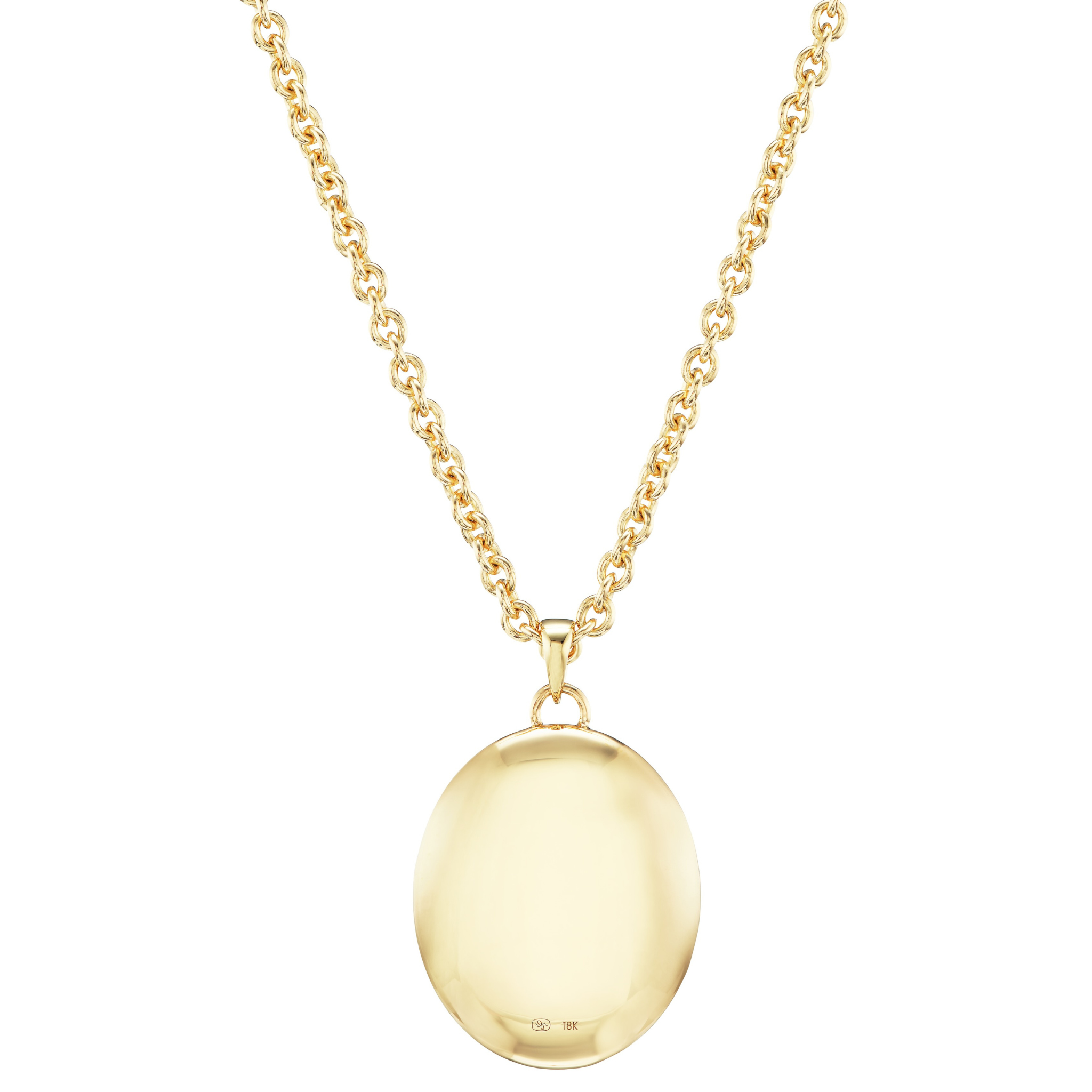 The Pavé Oval Cut Aquamarine Collet Pendant in Yellow Gold features an oval aquamarine set in yellow gold, suspended from a chain with medium-sized round links for an elegant, polished look.