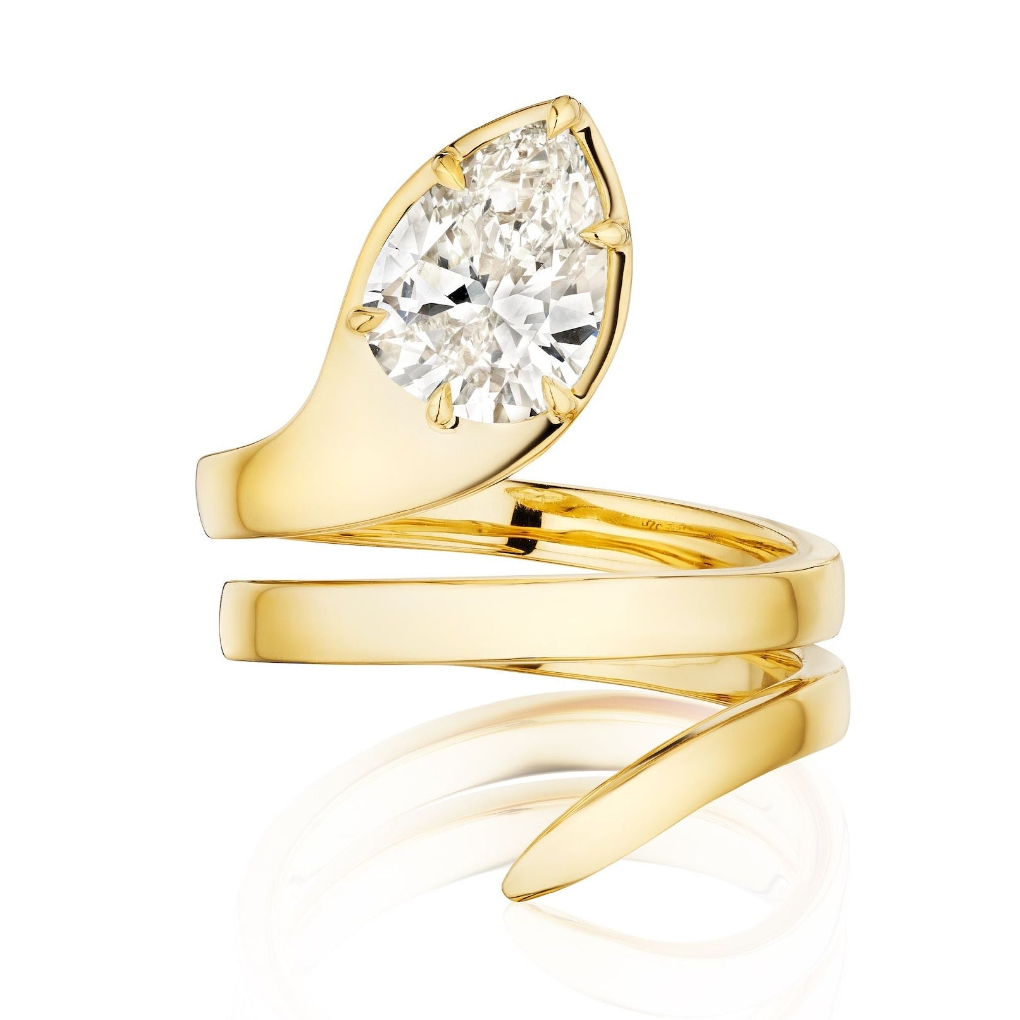 The Pear Shape Diamond Snake Wraparound Ring in yellow gold features a modern open design with a prominent pear-shaped diamond at one end, smooth polished curves, and a reflective finish.