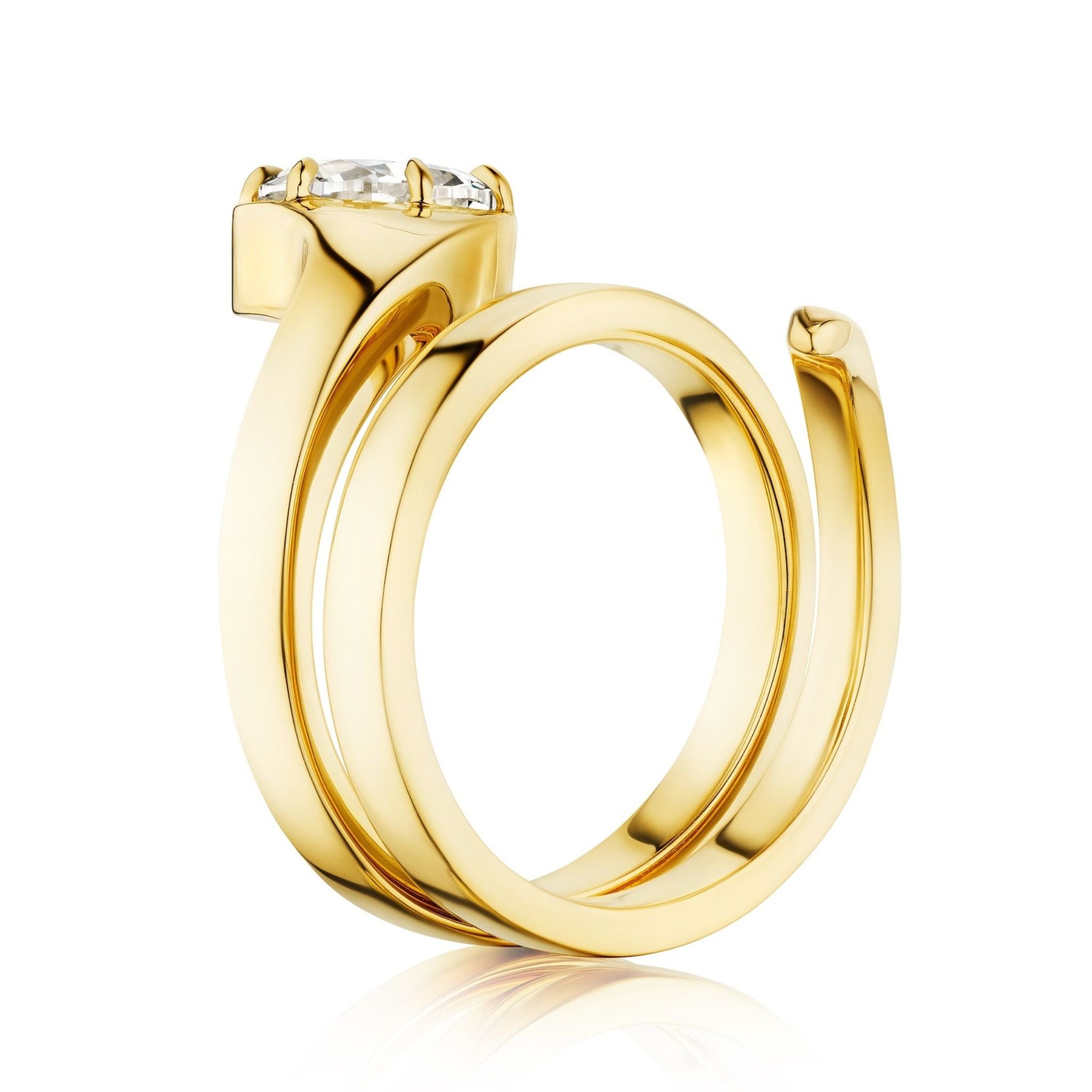 The Pear Shape Diamond Snake Wraparound Ring in Yellow Gold features a unique spiral design, crafted from 18k yellow gold with a pear-shaped diamond accent, and is displayed on a white background.