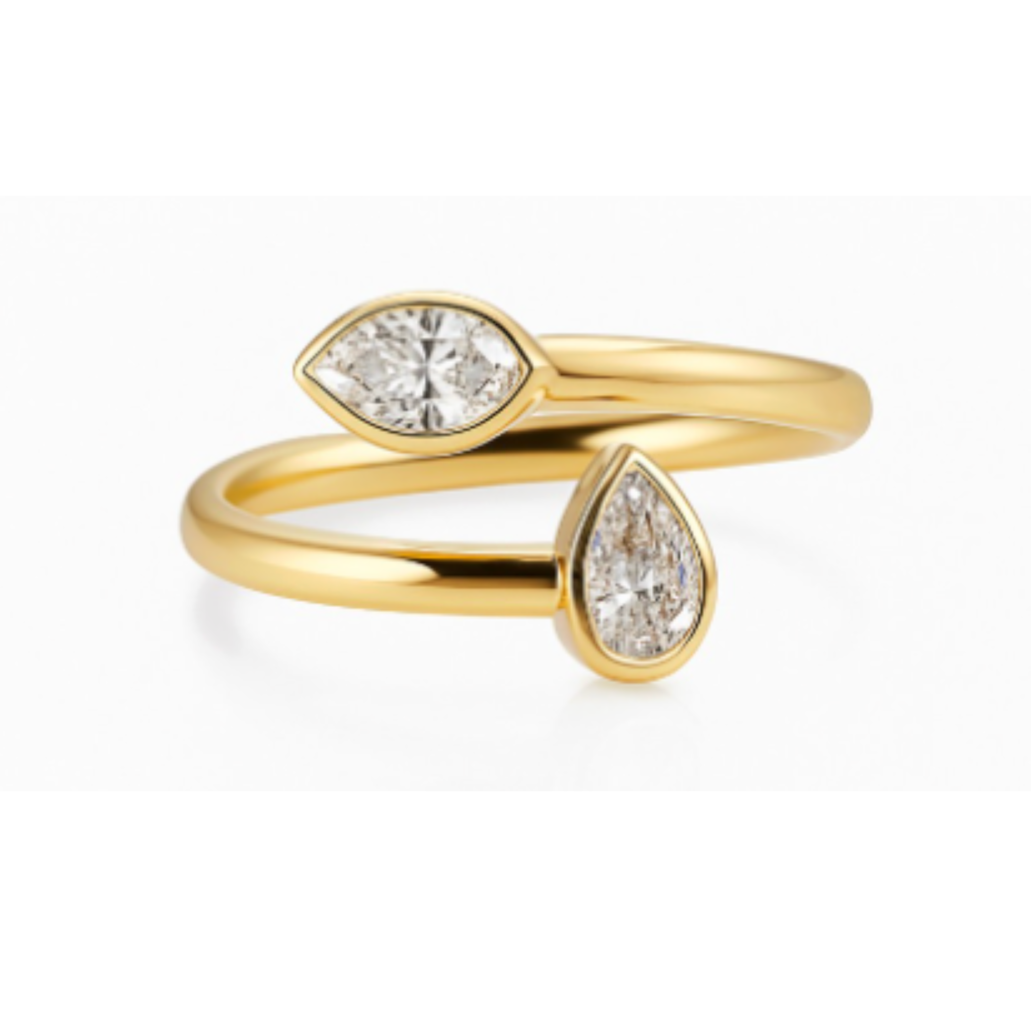 The Pear Shape Diamond Toi et Moi Ring in yellow gold features an open design with two pear-shaped, G-H color, VS-SI clarity diamonds at each end for a modern, elegant look.