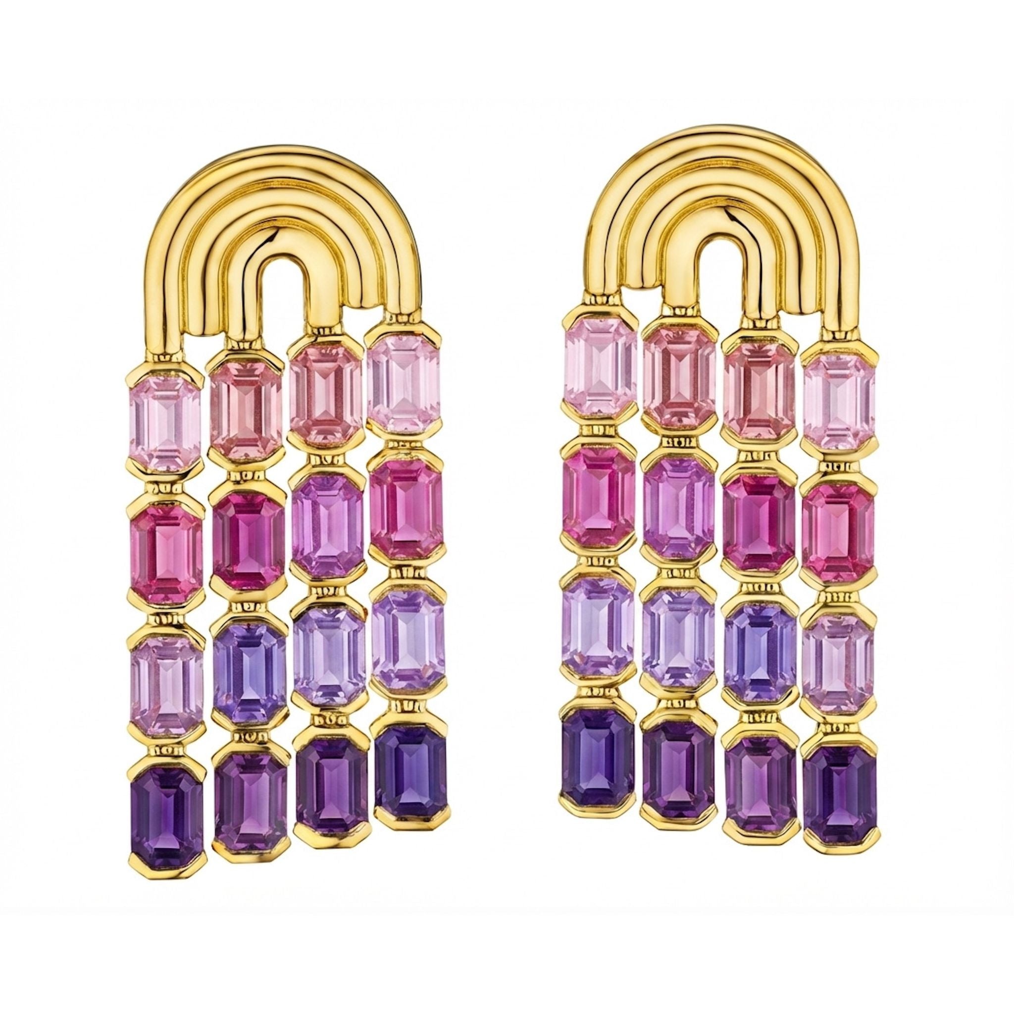 Half-Bezel Set Pink and Purple Emerald Cut Sapphire Waterfall Earrings in Yellow Gold, featuring an arched design with three rows of gradient sapphires from light pink at the top to deep violet at the bottom.