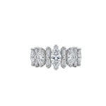 The Diamond Band Ring features a marquise-cut center diamond accented by baguette and oval diamonds on each side, elegantly displayed against a white background.