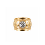 The Rose Gold and Diamond Ring, a wide band with engraved star patterns and a large old European-cut diamond set at its center, is a vintage French piece from circa 1945 displayed against a plain white background.