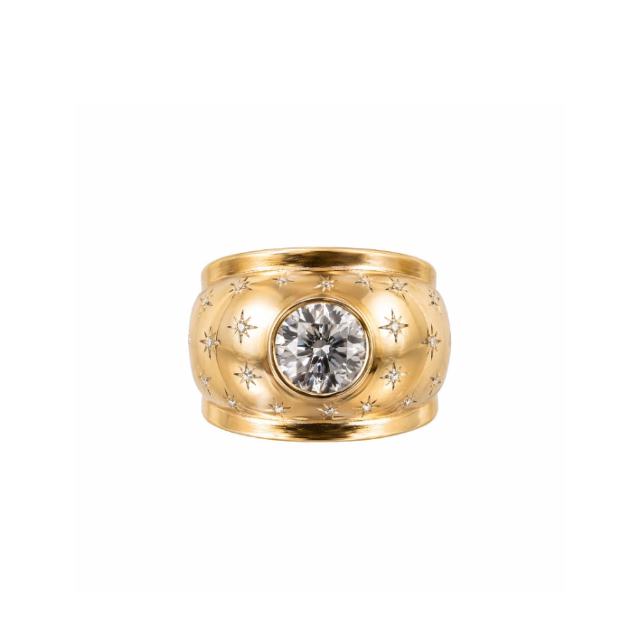 The Rose Gold and Diamond Ring, a wide band with engraved star patterns and a large old European-cut diamond set at its center, is a vintage French piece from circa 1945 displayed against a plain white background.