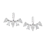 Alternating Pear Shape and Emerald Cut Diamond Ear Jackets, featuring pear-shaped and emerald-cut clear gemstones arranged in a sophisticated fan-like design, photographed on a white background.