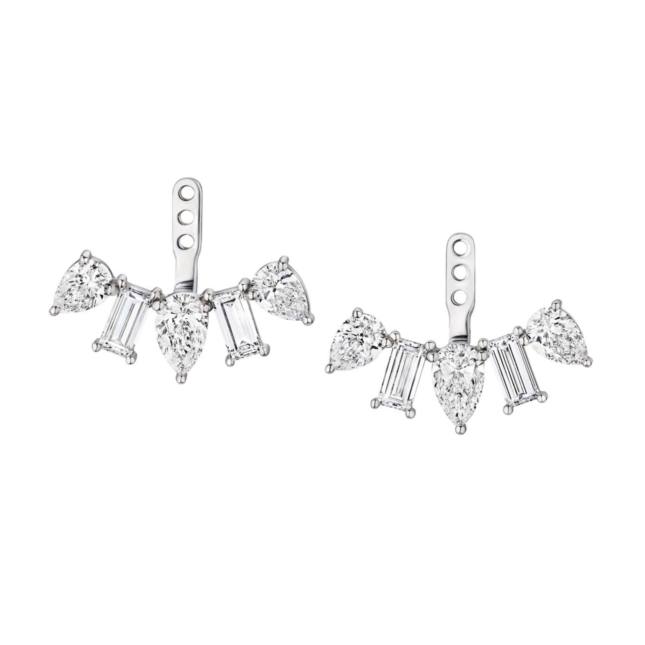 Alternating Pear Shape and Emerald Cut Diamond Ear Jackets, featuring pear-shaped and emerald-cut clear gemstones arranged in a sophisticated fan-like design, photographed on a white background.