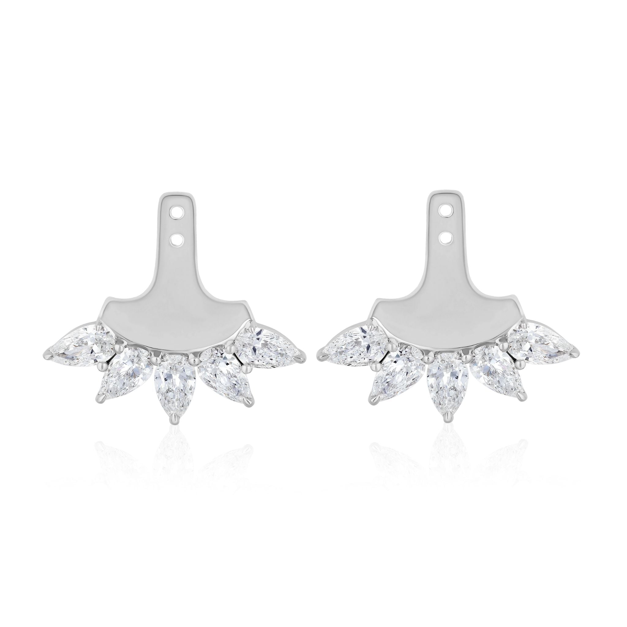 Pear shape diamond ear jackets in white gold, featuring five marquise-cut clear stones arranged in a fan-like design at the bottom, elegantly displayed against a white background.