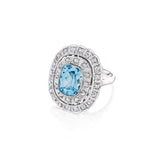 The Aquamarine and Diamond Ring is a platinum piece from the 1910s, showcasing a prominent cushion-cut aquamarine at its center, encircled by two rows of petite rose-cut diamonds, all presented against a white background.