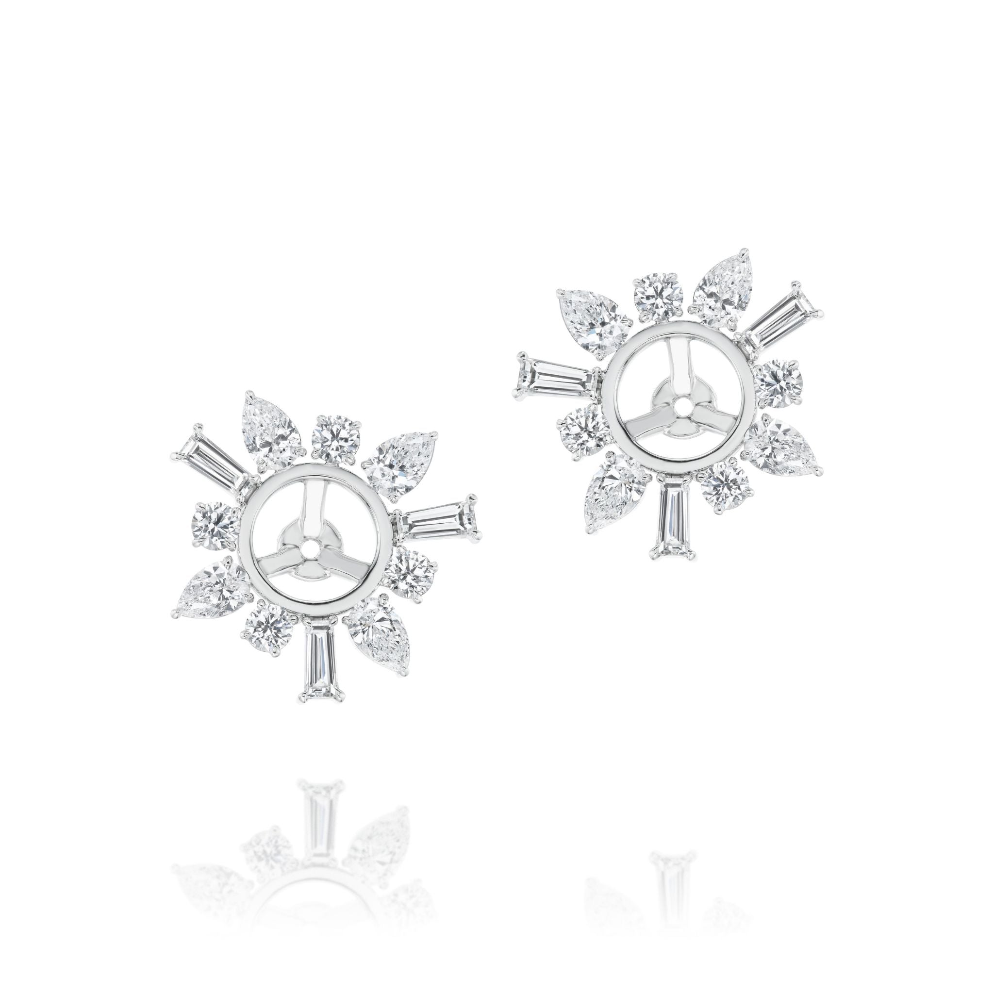 Mixed Shape Diamond Ear Jacket in White Gold, crafted in a radiant sunburst design with round, marquise, and baguette-shaped accents radiating from the center. Perfect for custom jewelry creations, these ear jackets are empty settings ready to showcase your choice of center stones.