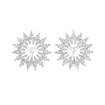 A pair of Radial Shield Diamond Ear Jackets in white gold, crafted in 18k white gold with multiple clear, sparkling diamonds arranged in symmetrical, shield-like patterns.