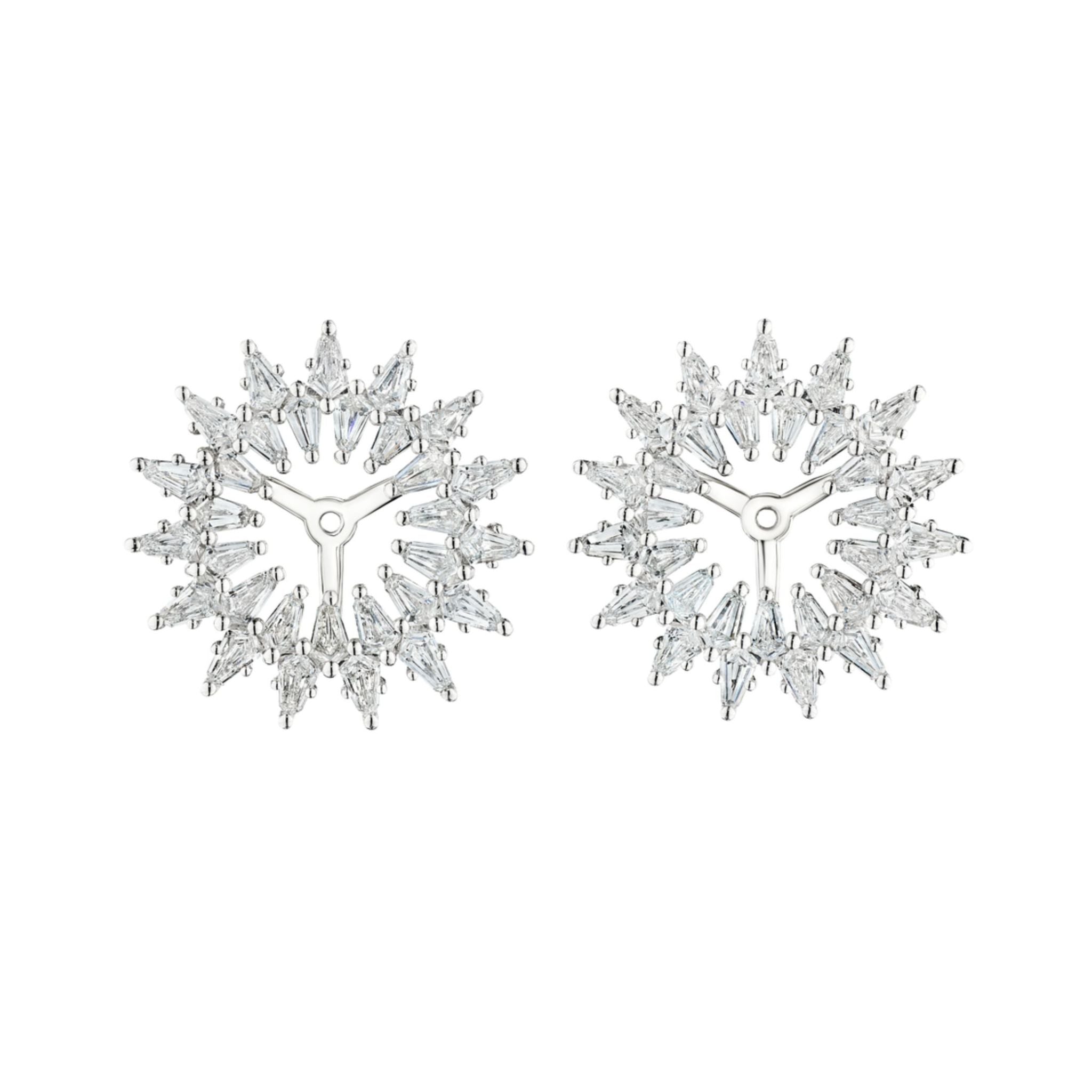 A pair of Radial Shield Diamond Ear Jackets in white gold, crafted in 18k white gold with multiple clear, sparkling diamonds arranged in symmetrical, shield-like patterns.
