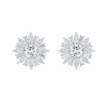 A pair of Snowflake Marquise and Baguette Diamond Ear Jackets in white gold, featuring a central round diamond surrounded by radiating marquise and baguette-cut diamonds in a dazzling starburst pattern.