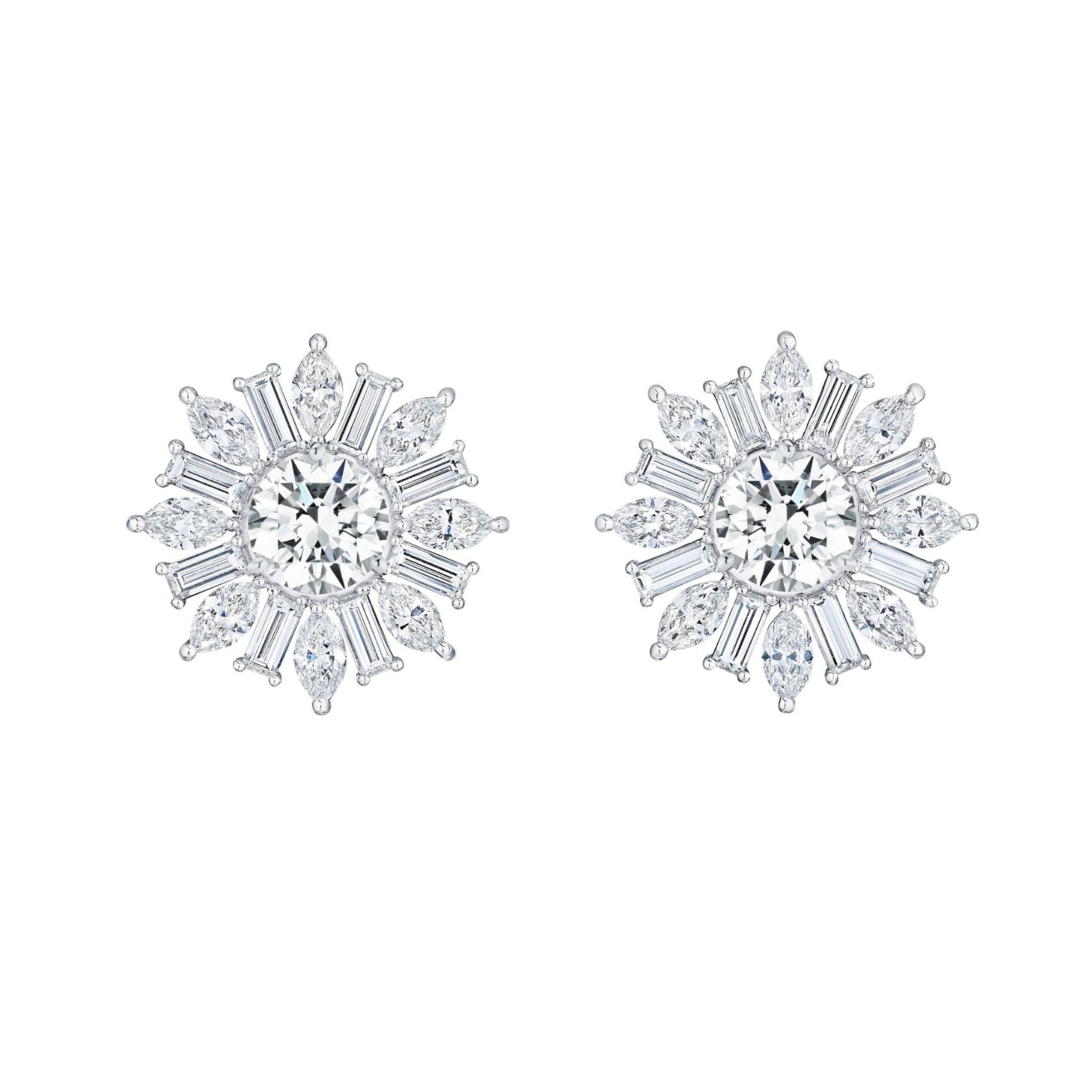 A pair of Snowflake Marquise and Baguette Diamond Ear Jackets in white gold, featuring a central round diamond surrounded by radiating marquise and baguette-cut diamonds in a dazzling starburst pattern.