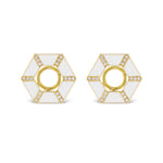 Hexagon Trapezoid Ceramic Pavé Ear Jackets in 18K yellow gold feature white enamel sections and delicate diamond pavé along the edges, with an open circular center.