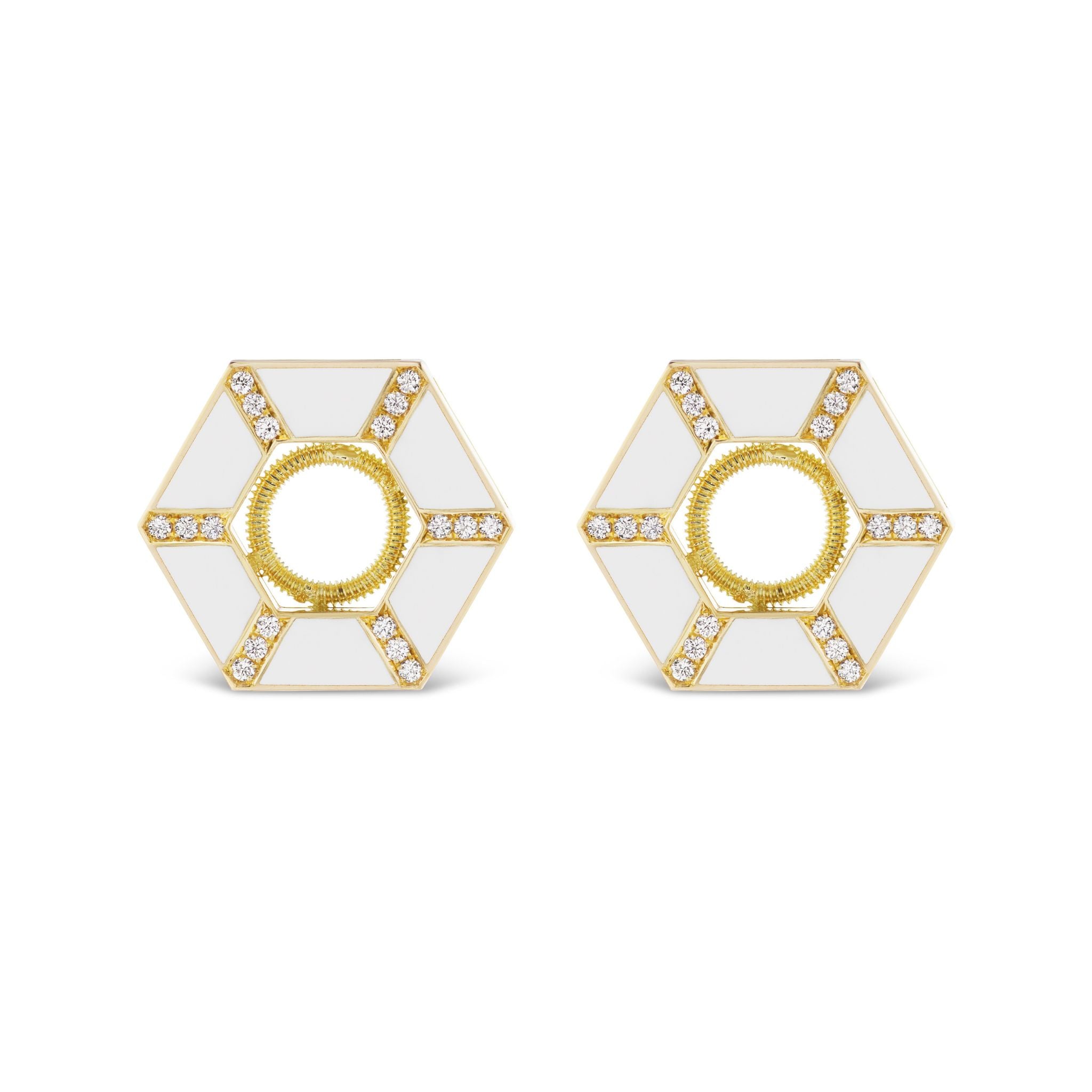 Hexagon Trapezoid Ceramic Pavé Ear Jackets in 18K yellow gold feature white enamel sections and delicate diamond pavé along the edges, with an open circular center.