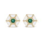 Hexagon Trapezoid Ceramic Pavé Ear Jackets in 18K yellow gold featuring white enamel, diamond pavé accents, and a central green gemstone on each earring, displayed against a white background.